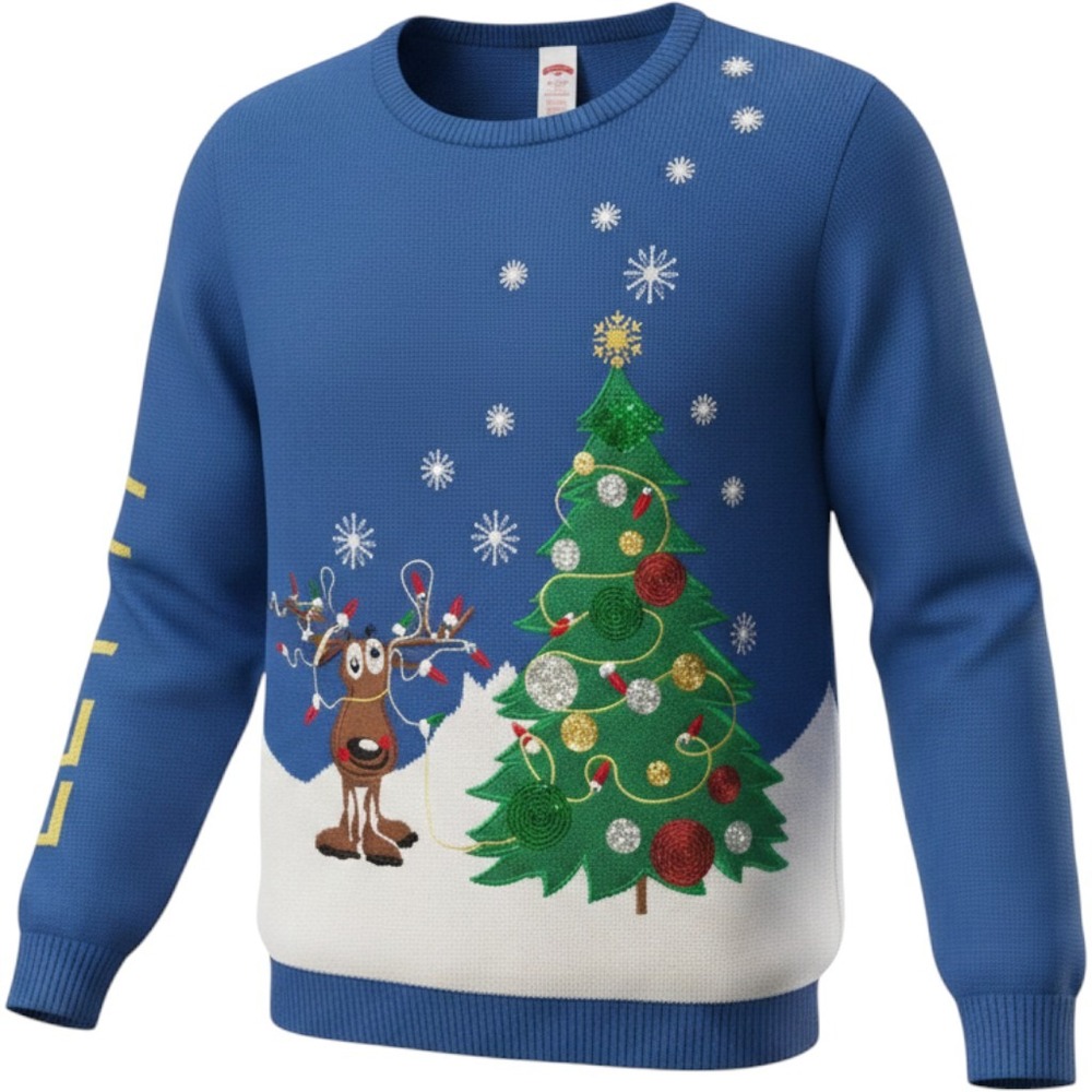 Holiday Time Let It Glow Light Up Christmas Sweater Blue Reindeer Tree XXL 20